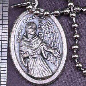 Padre Father Kolbe Religious Medal Charm Pendant Long Steel Chain Necklace